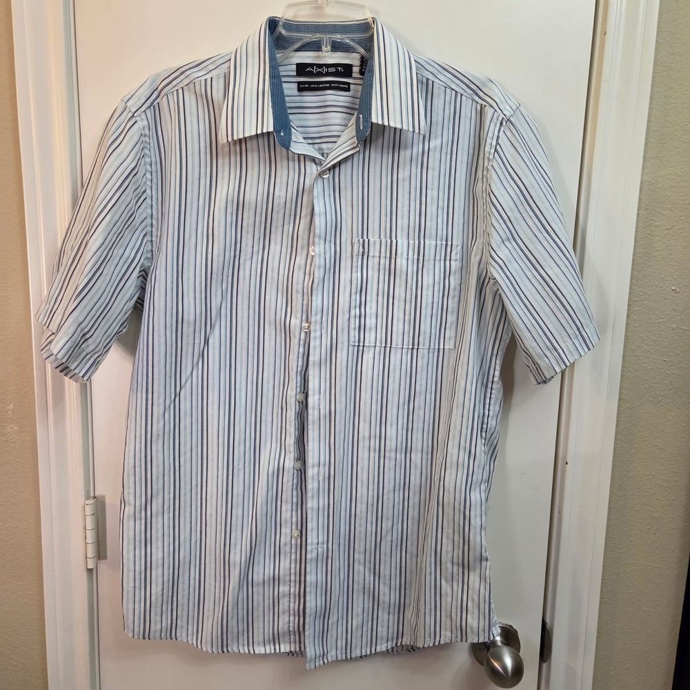 Axist Mens Slim Fit Short Sleeve Button Down Striped Shirt Blue White Medium